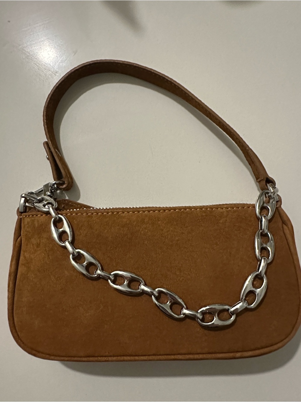 By Far Suede Mini Rachel Bag with Chain Accent - Tan / brown